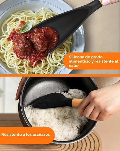 Cuchara silicona multifunción 2 pzas mango madera negro