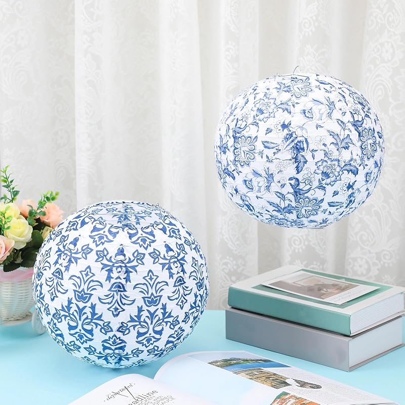 12 Faroles Chinoiserie 10pulg Azul Blanco Colgantes