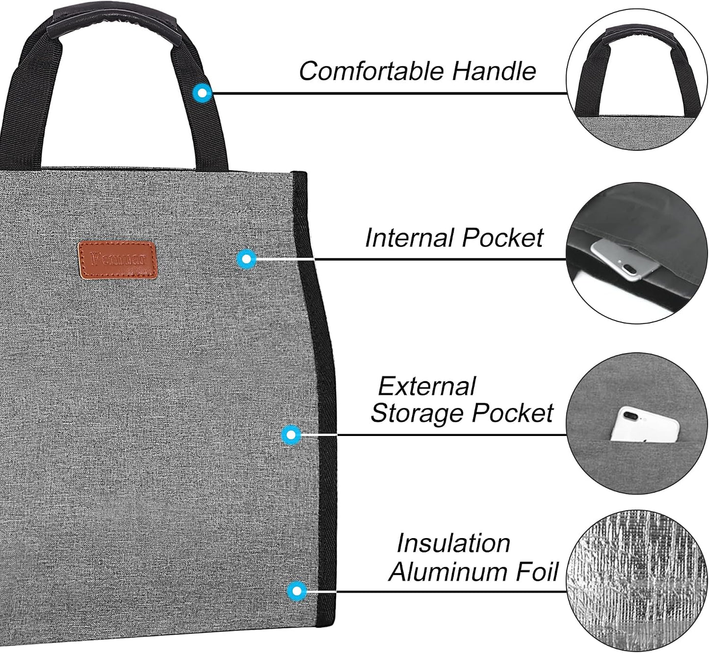 Bolsa almuerzo mujer aislada reutiliz. con bolsillo gris