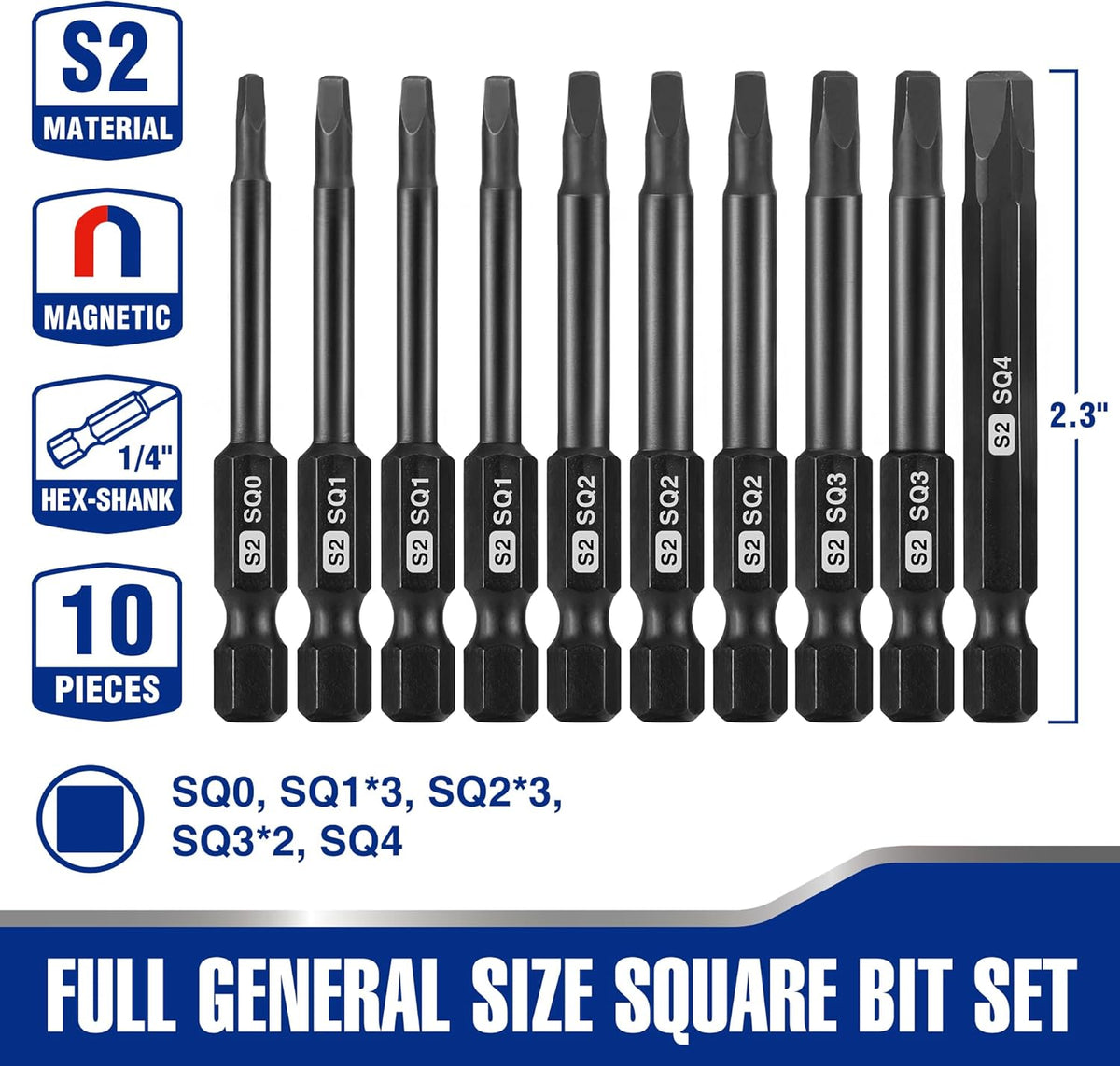 Set 10 puntas cuadradas magnéticas acero S2 1/4pulg