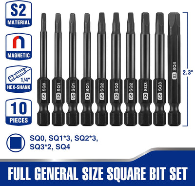 Set 10 puntas cuadradas magnéticas acero S2 1/4pulg