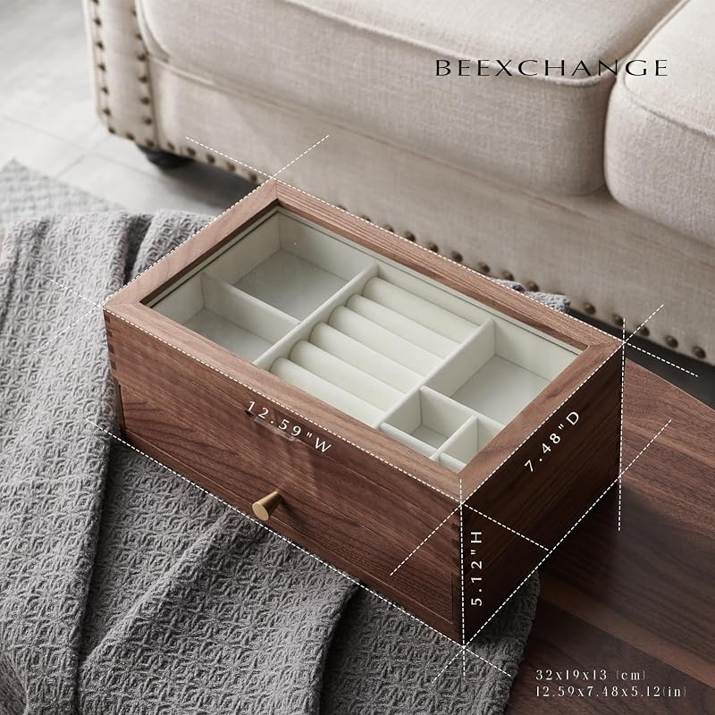 Caja joyería madera nogal negro con tapa cristal 1 cajón