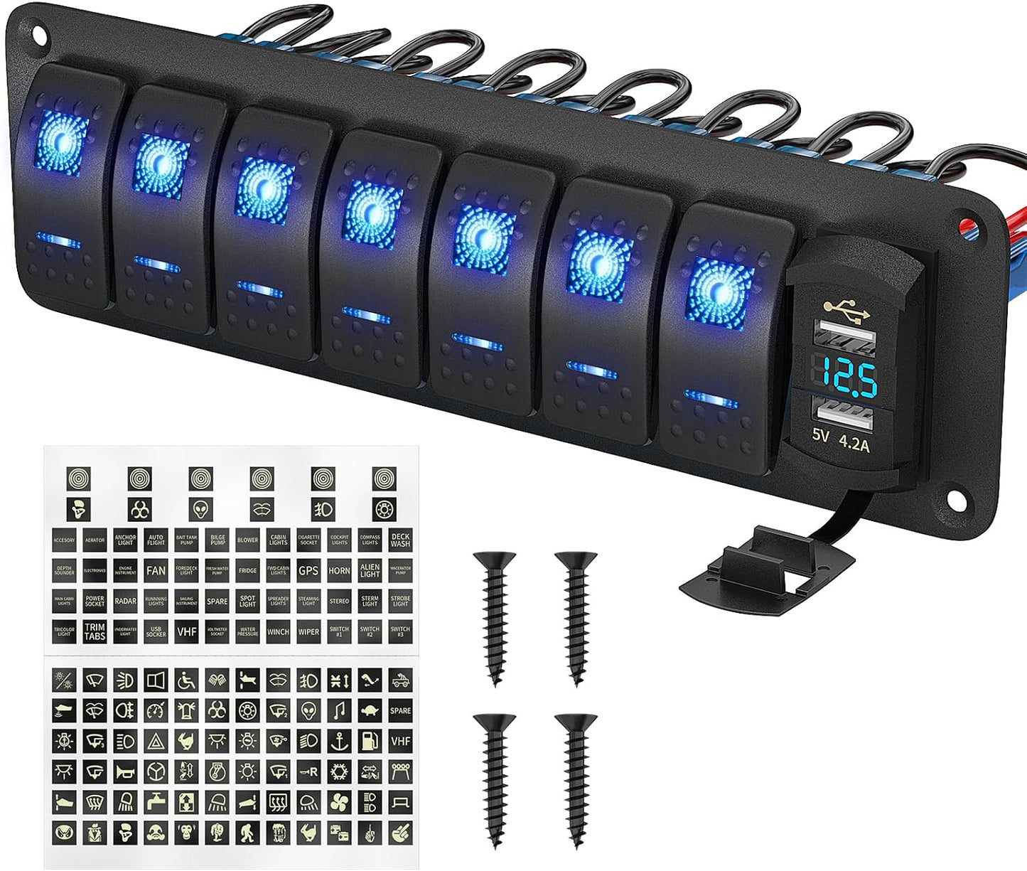 Panel interruptores basculantes 7 posiciones 12V 24V USB