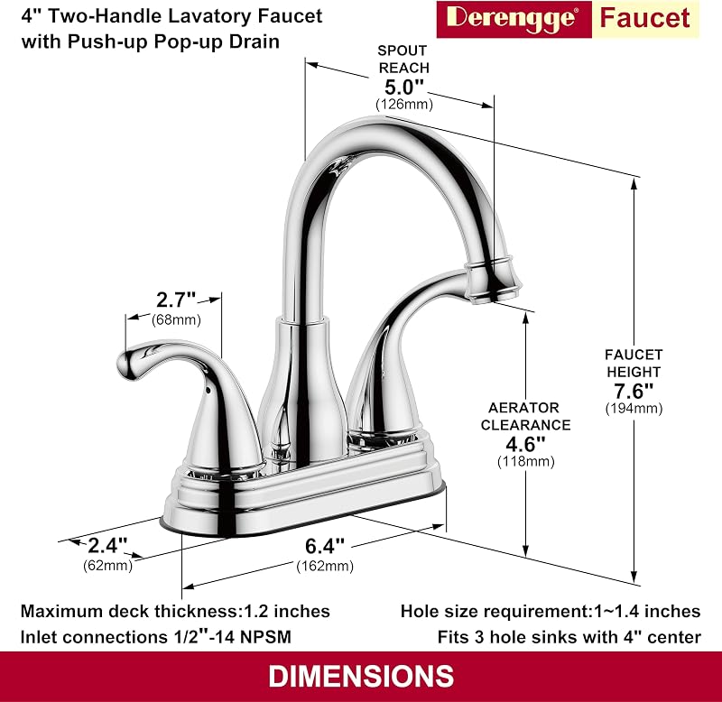 Grifo lavabo baño 2 manijas drenaje emergente 4" cromo