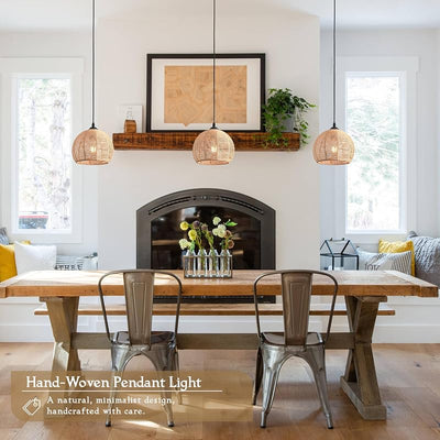 3 Luces Colgantes Mimbre Boho Cúpula Rústica Comedor