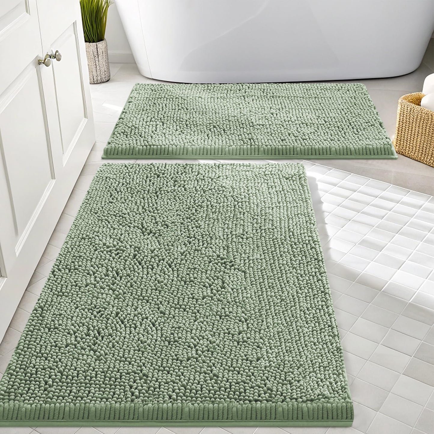 2 Alfombras Baño Felpilla Antiderrap 30x20pulg Verde Salvia