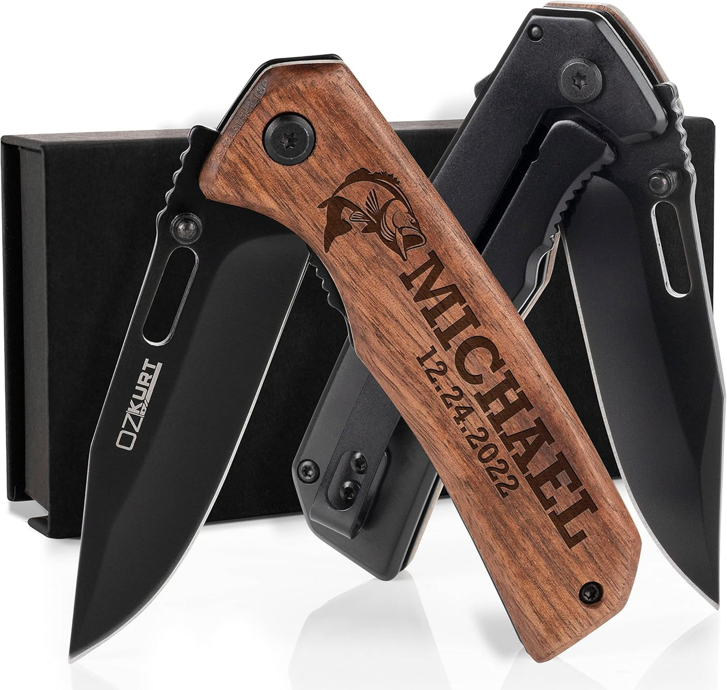 Cuchillo bolsillo madera nogal grabado hombre