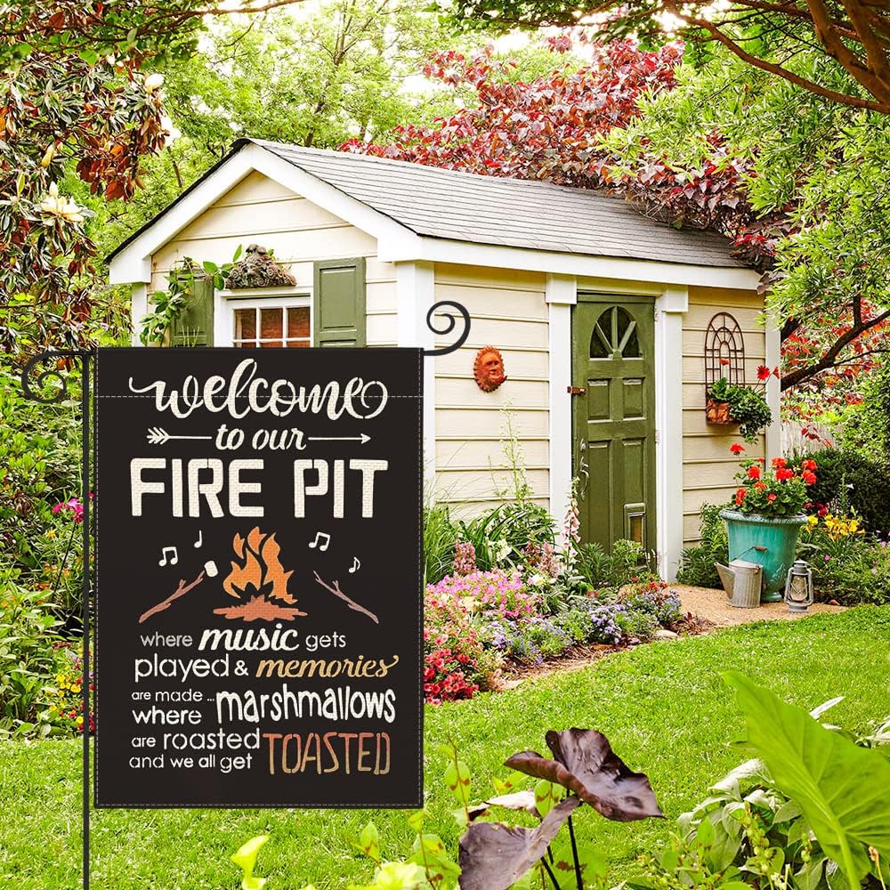 Bandera jardín 12x18pulg welcome firepit decoración exterior