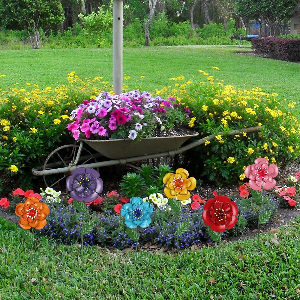 Set 6 estacas decorativas metal flores jardín