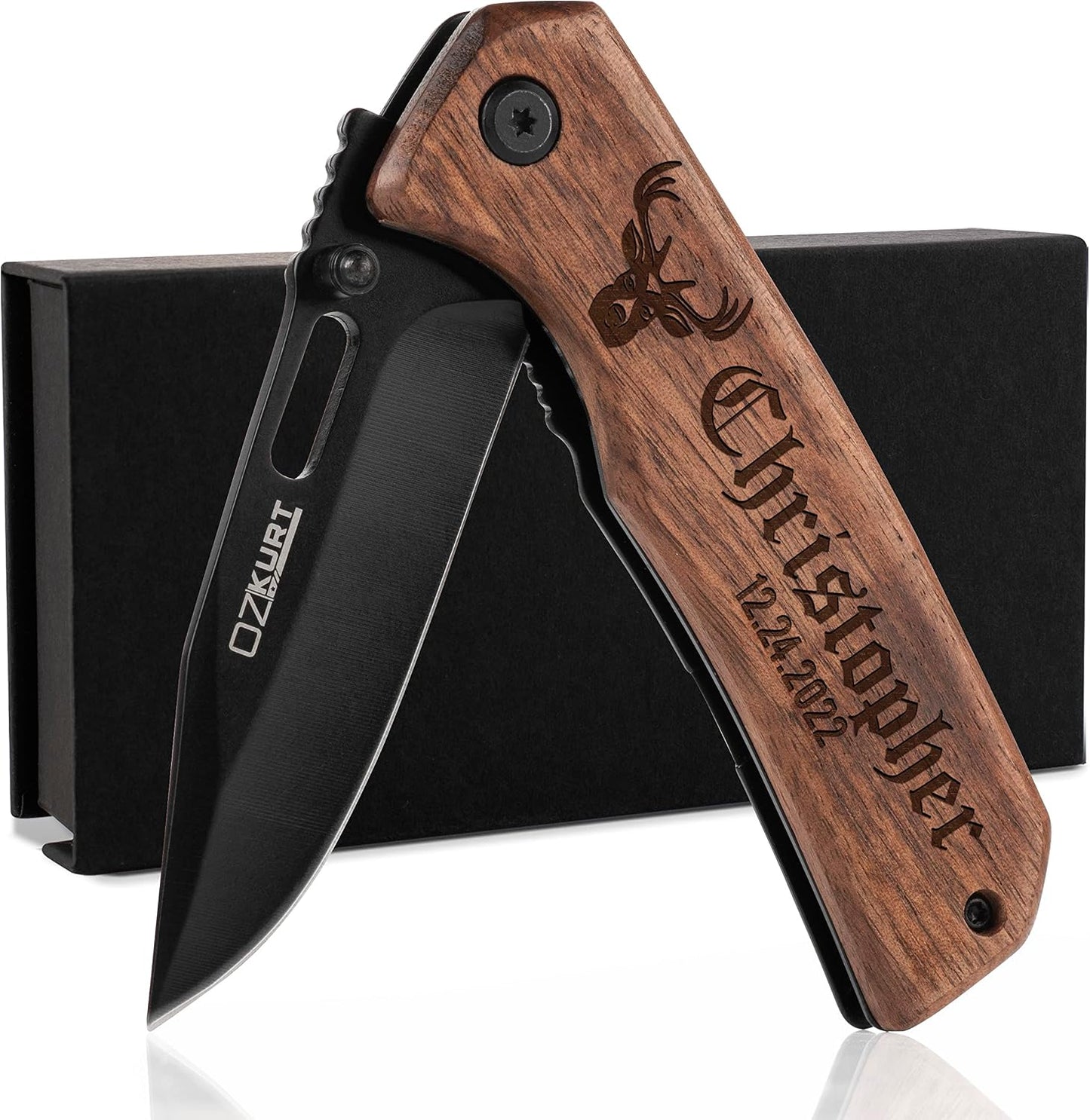 Cuchillo bolsillo madera nogal grabado hombre