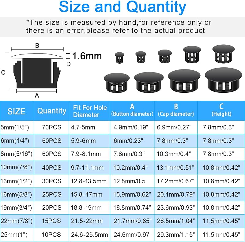 Set 200 tapones plástico ajuste preciso 9 tamaños negro