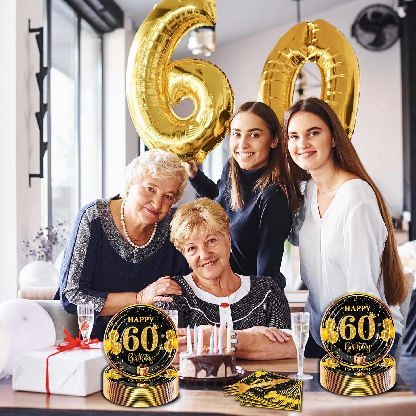 Juego 60 Platos 7pulg Tenedores Servilletas Negro Dorado Niños