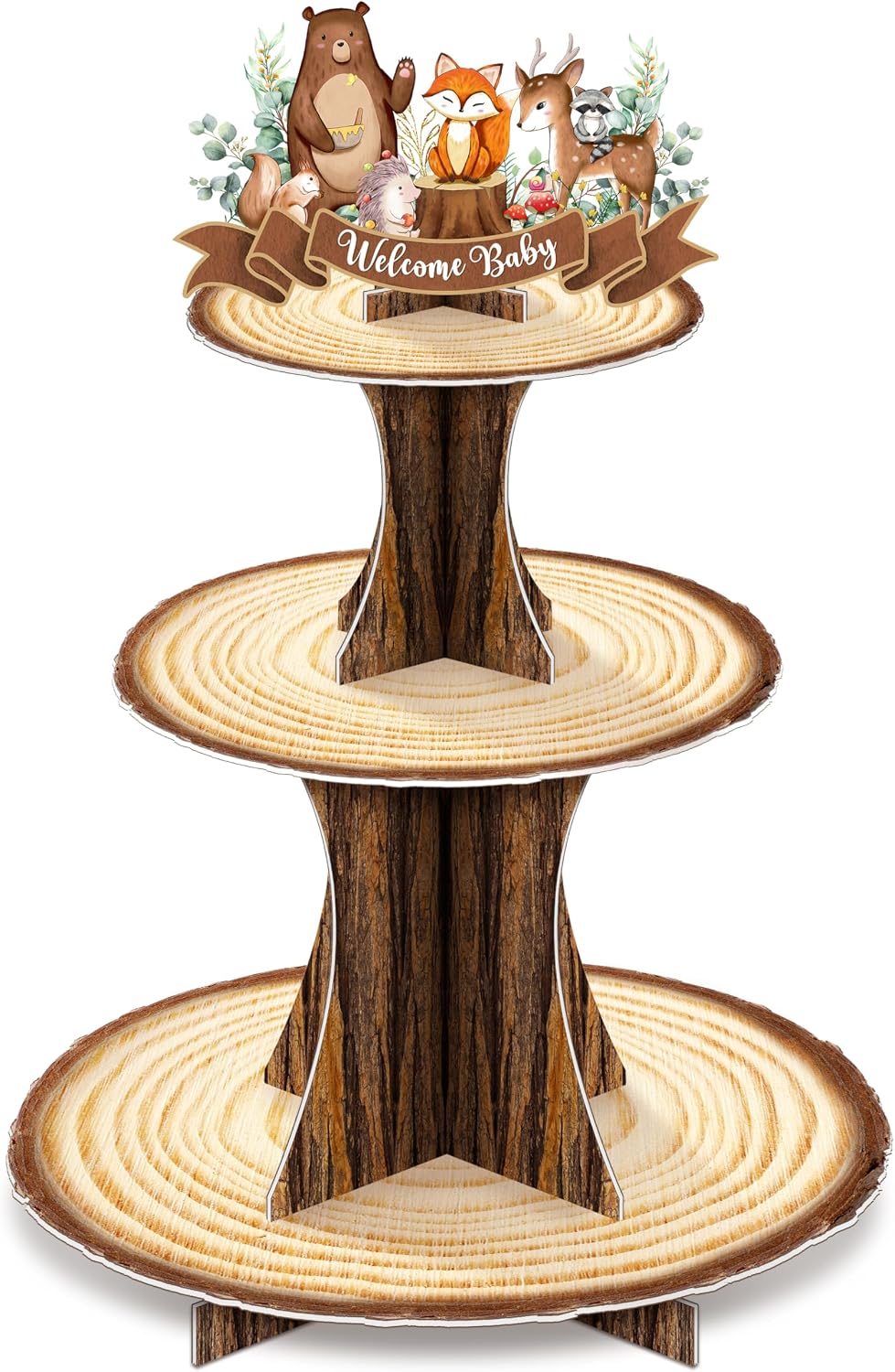 Soporte cupcakes animales bosque madera rústica 3 niveles