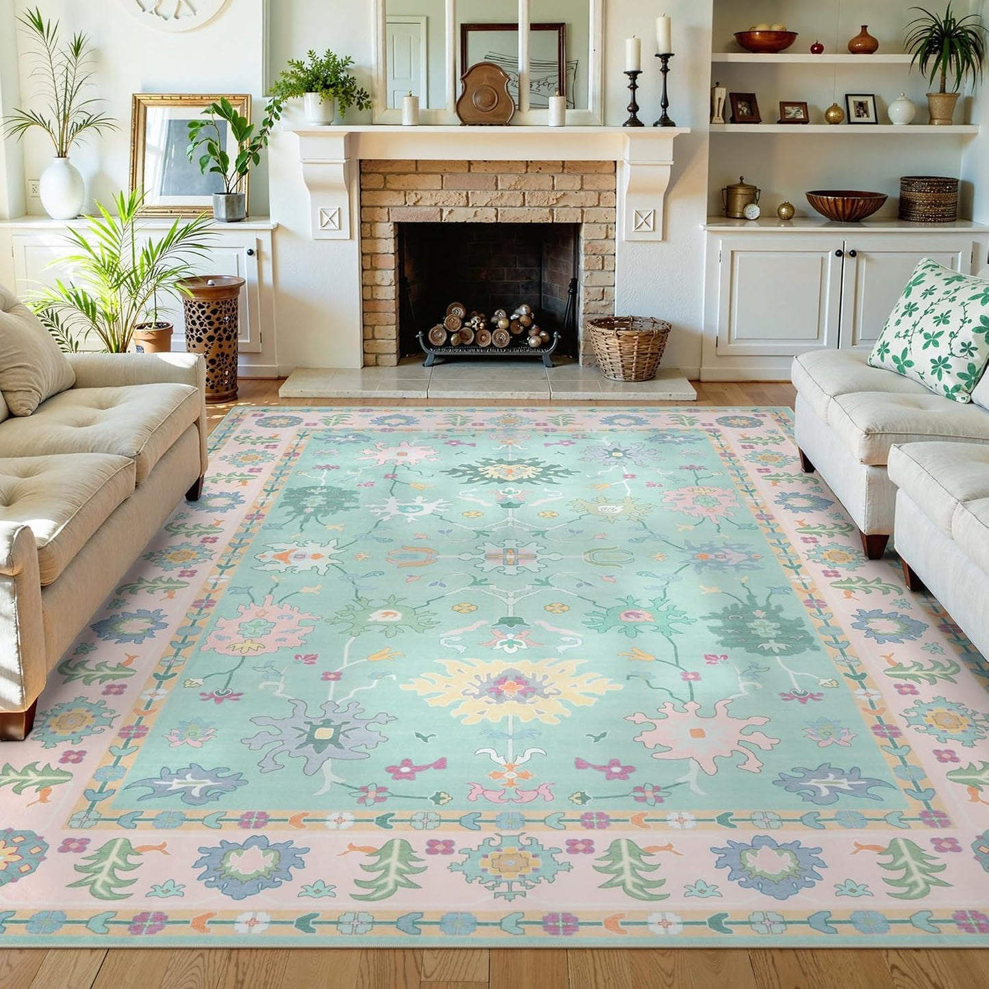 Alfombra Oushak rosa boho 8x10ft dormitorio sala antiderrap