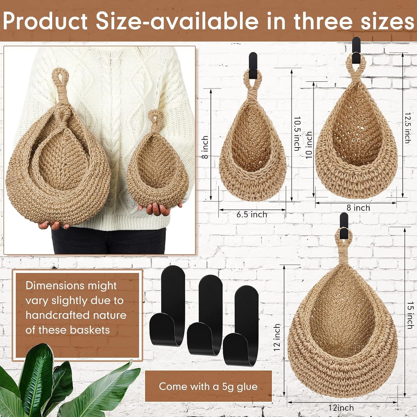 Canastas colgantes boho cocina set 3 con ganchos