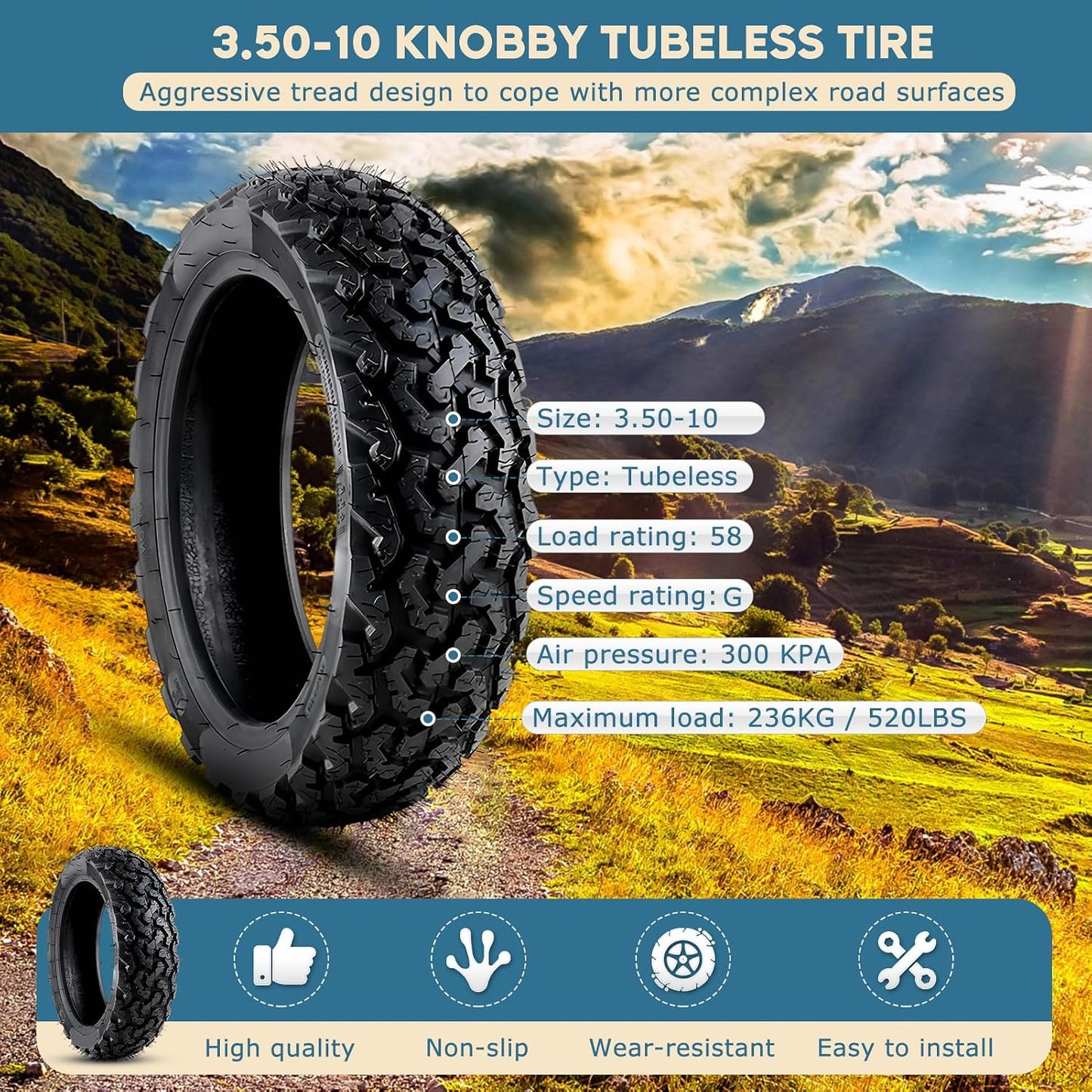 Neumático Knobby 3.50-10 para scooter antiderrap