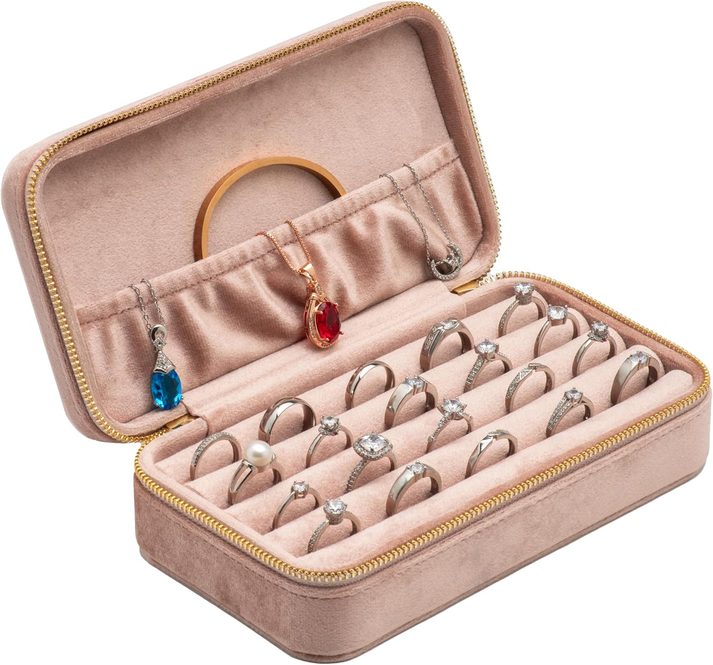 Caja terciopelo organizadora joyas con cremallera melocotón