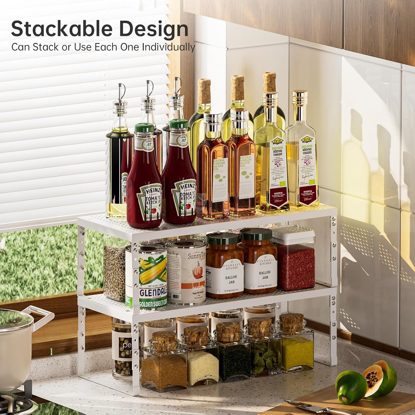 Estante cocina apilable ajustable para armarios y encimeras