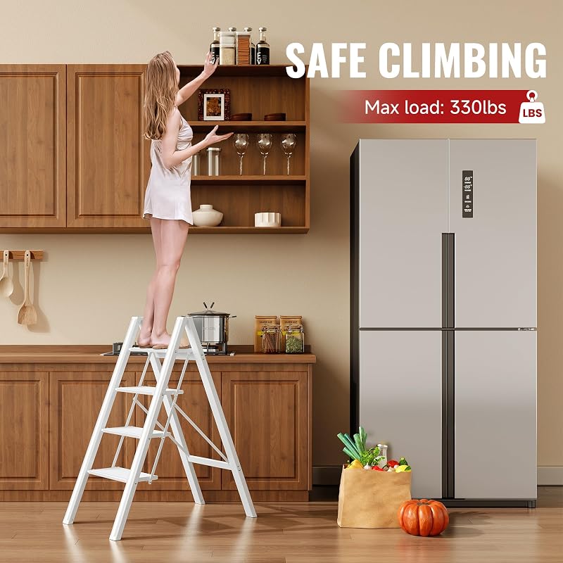 Escalera plegable aluminio 4 escalones blanco crema 330lb