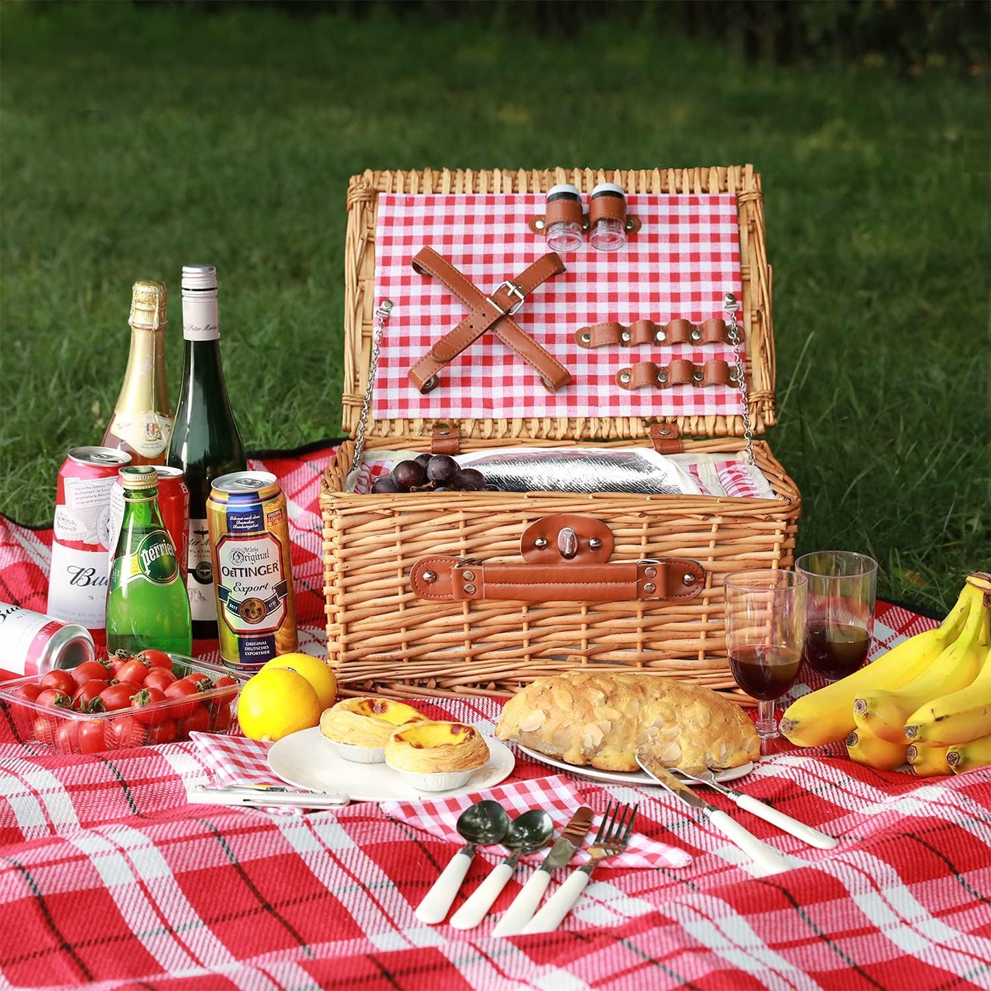Cesta picnic mimbre 2 personas con cubiertos y compartimento
