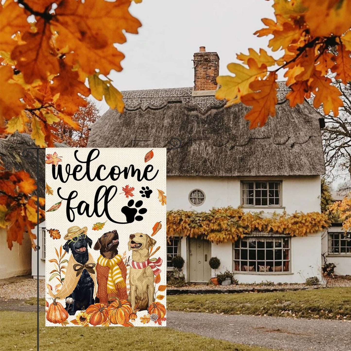 Bandera jardín perro bienvenida otoño 12x18pulg doble cara