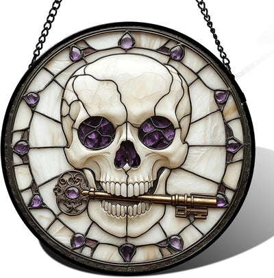 Colgante vitral calavera Halloween llave esqueleto morado