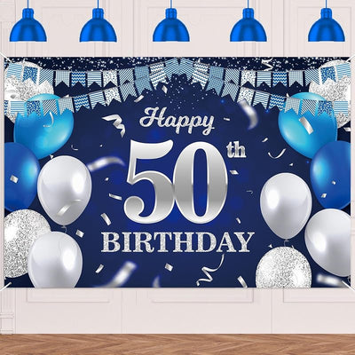 Cartel feliz cumpleaños 50 años globos confeti decoración temática