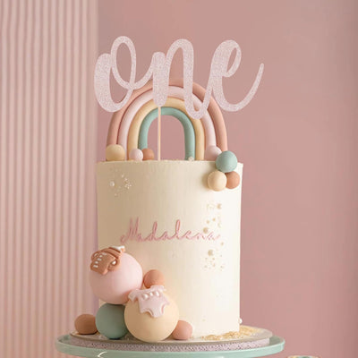 Decoración pastel purpurina oro rosa primer cumpleaños