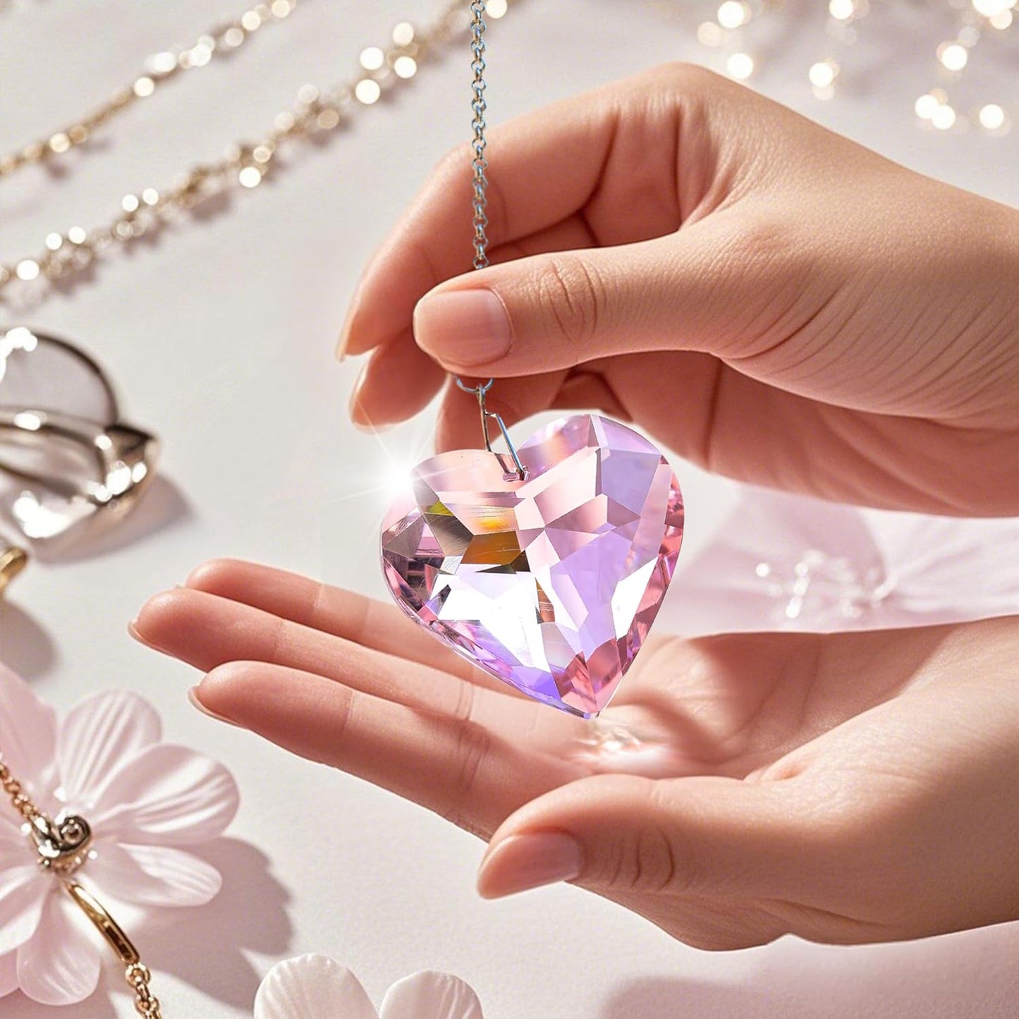 Atrapasueños cristales rosa forma corazón 3 pzas
