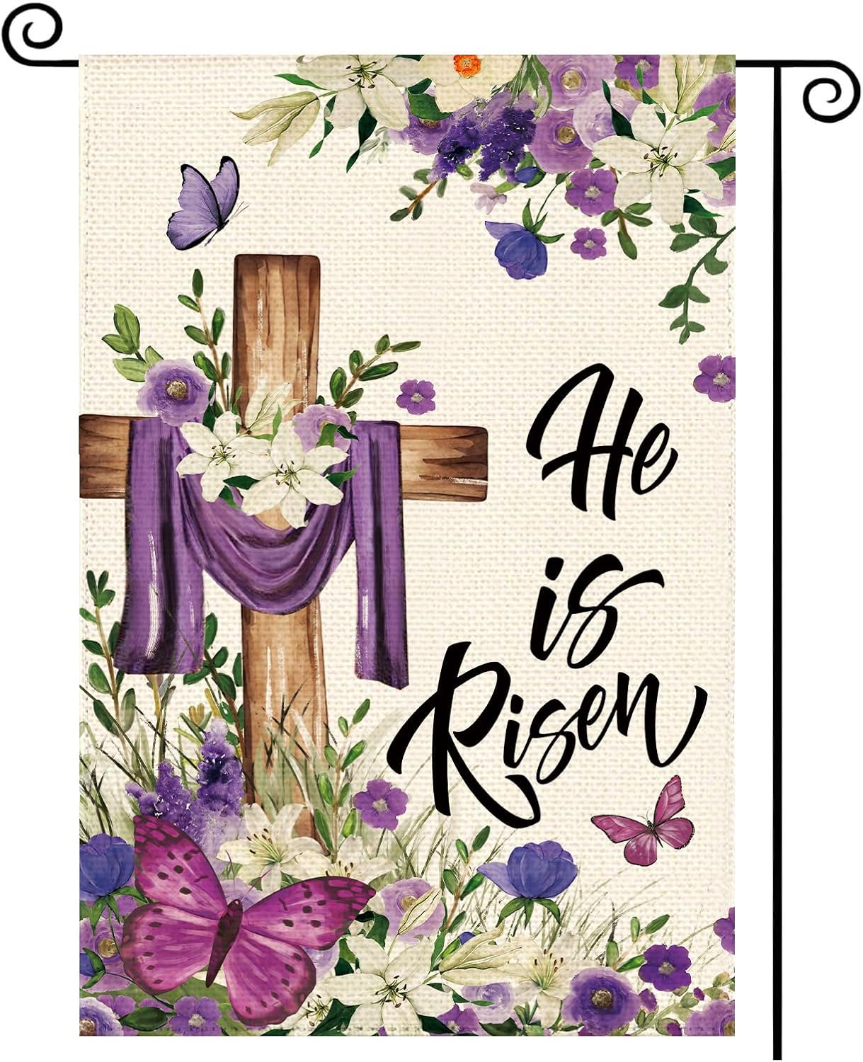 Bandera jardín primavera arpillera morada con mariposas