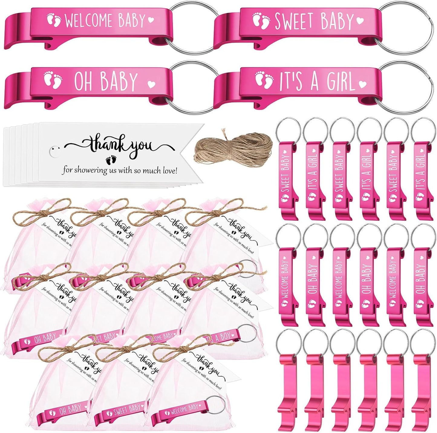 50 Juegos Regalo Baby Shower Rosa con Etiquetas y Llaveros