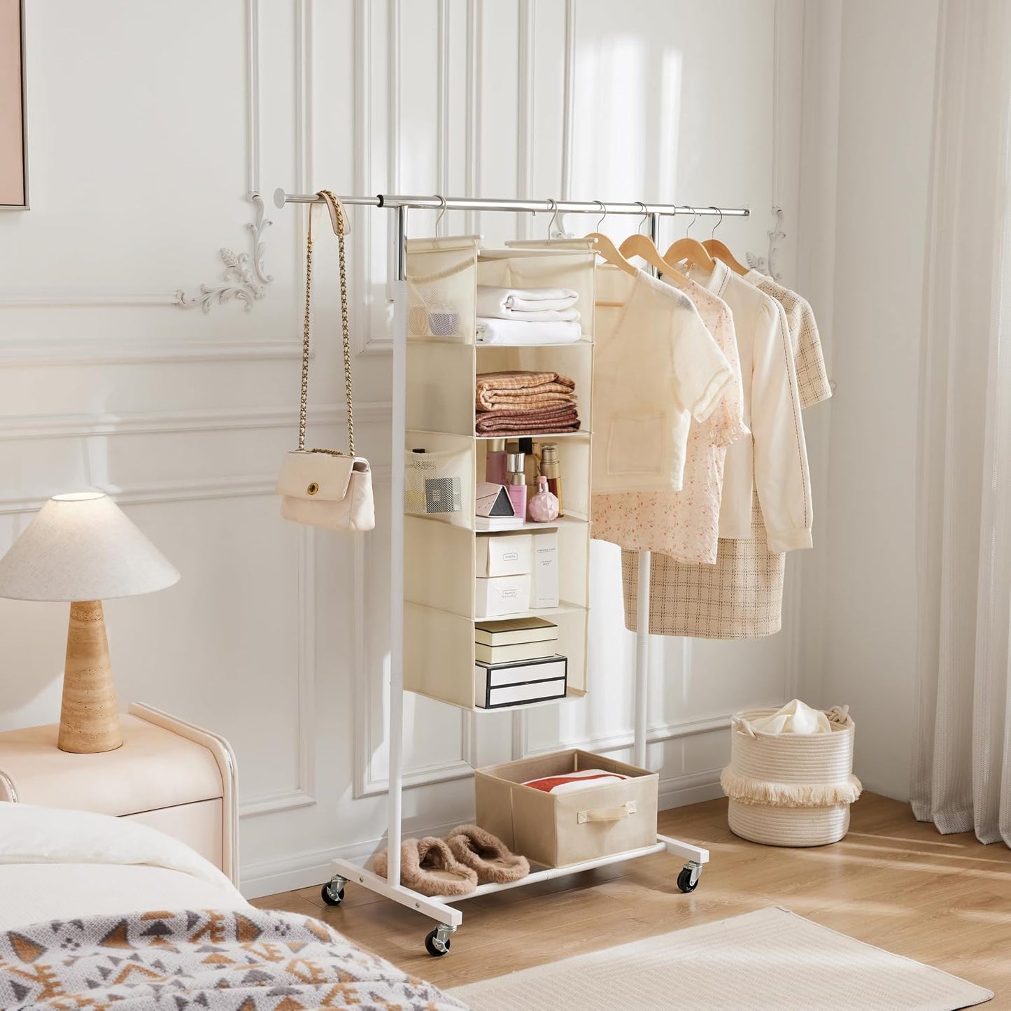 Organiz. colgante armario 5 estantes tela 4 bolsillos beige