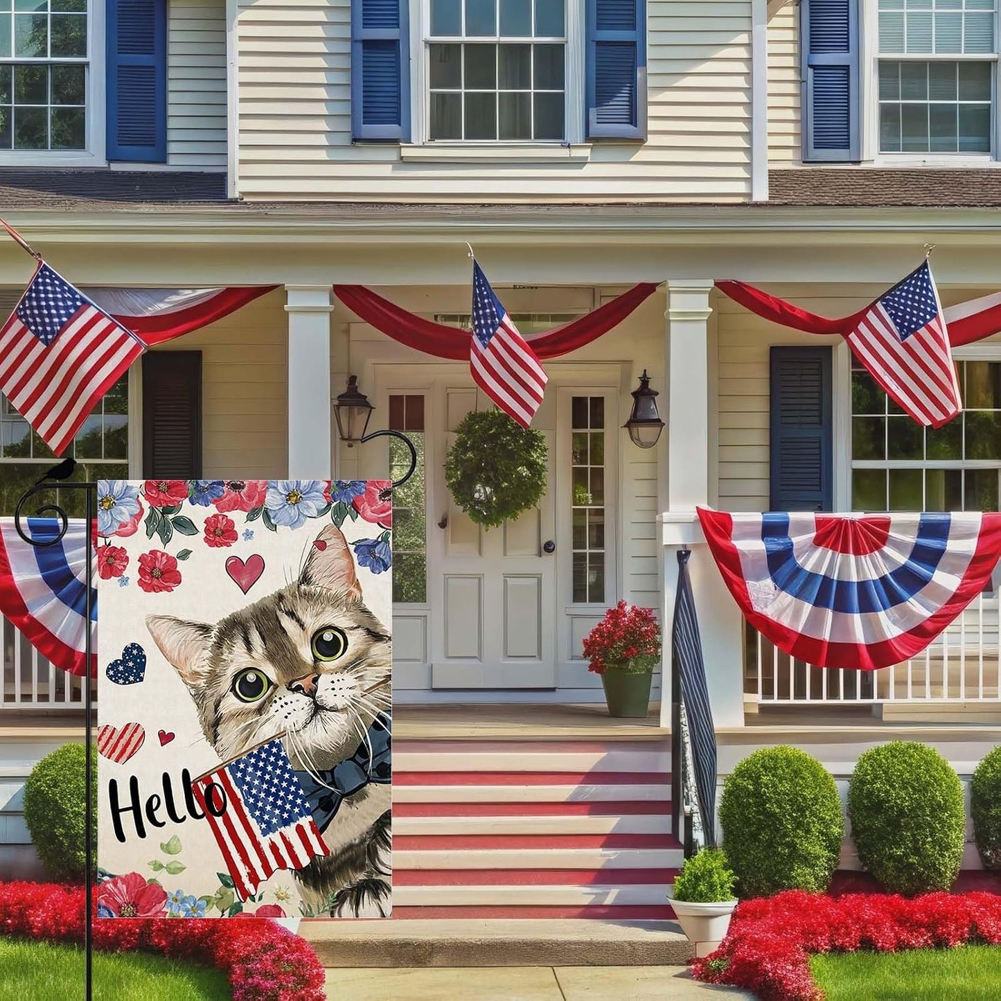 Bandera jardín doble cara 12x18pulg Hello Watercolor Cat Flowers