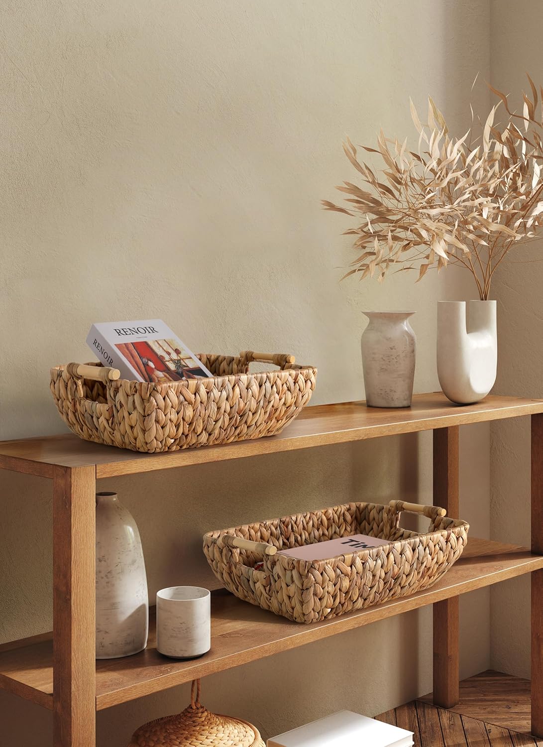 Cestas mimbre asas madera set 2 para organizar