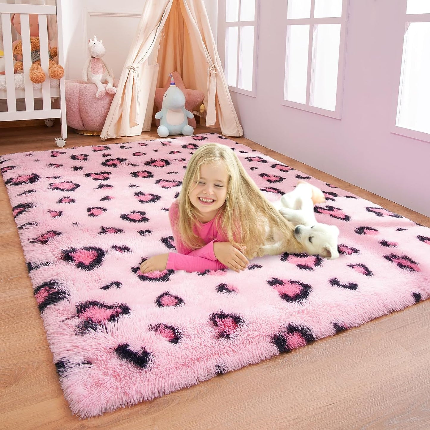 Alfombras suaves dormitorio niña 3x5ft estampado leopardo rosa