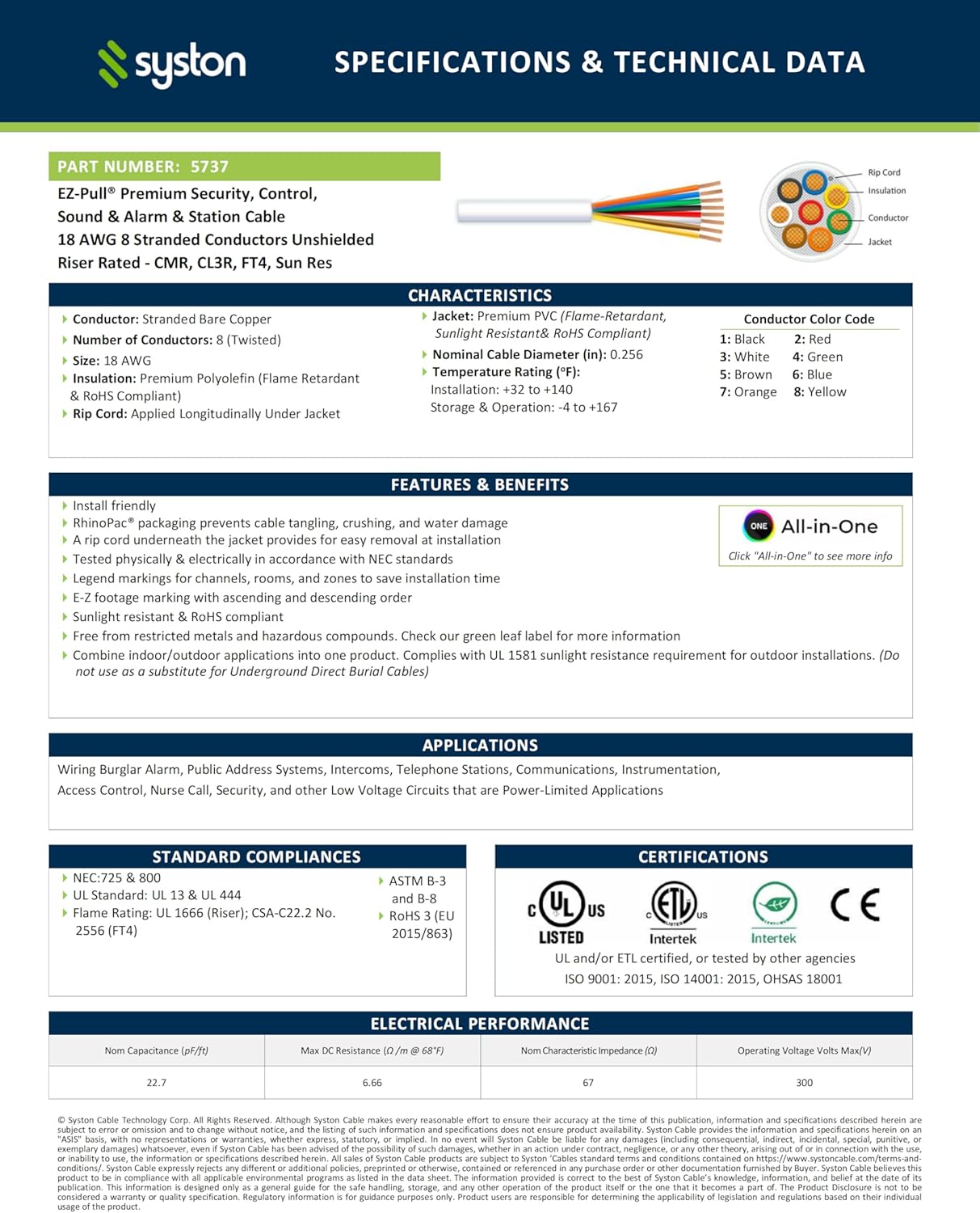 Cable alarma sonido seguridad 200pies 18AWG 8 conductores