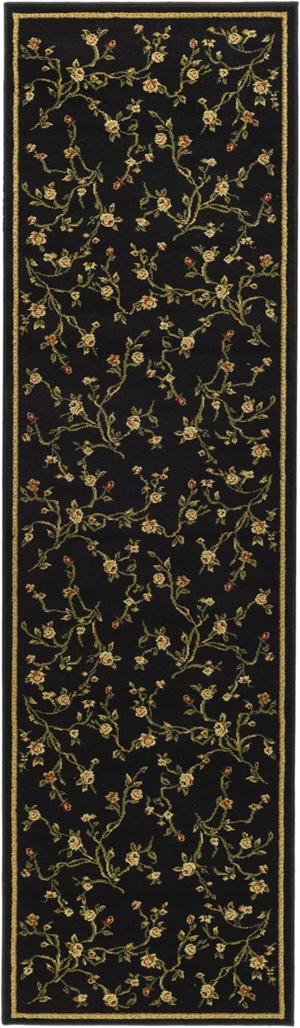 Alfombra pasillo 2'3"x8' color negro diseño floral no pelusa
