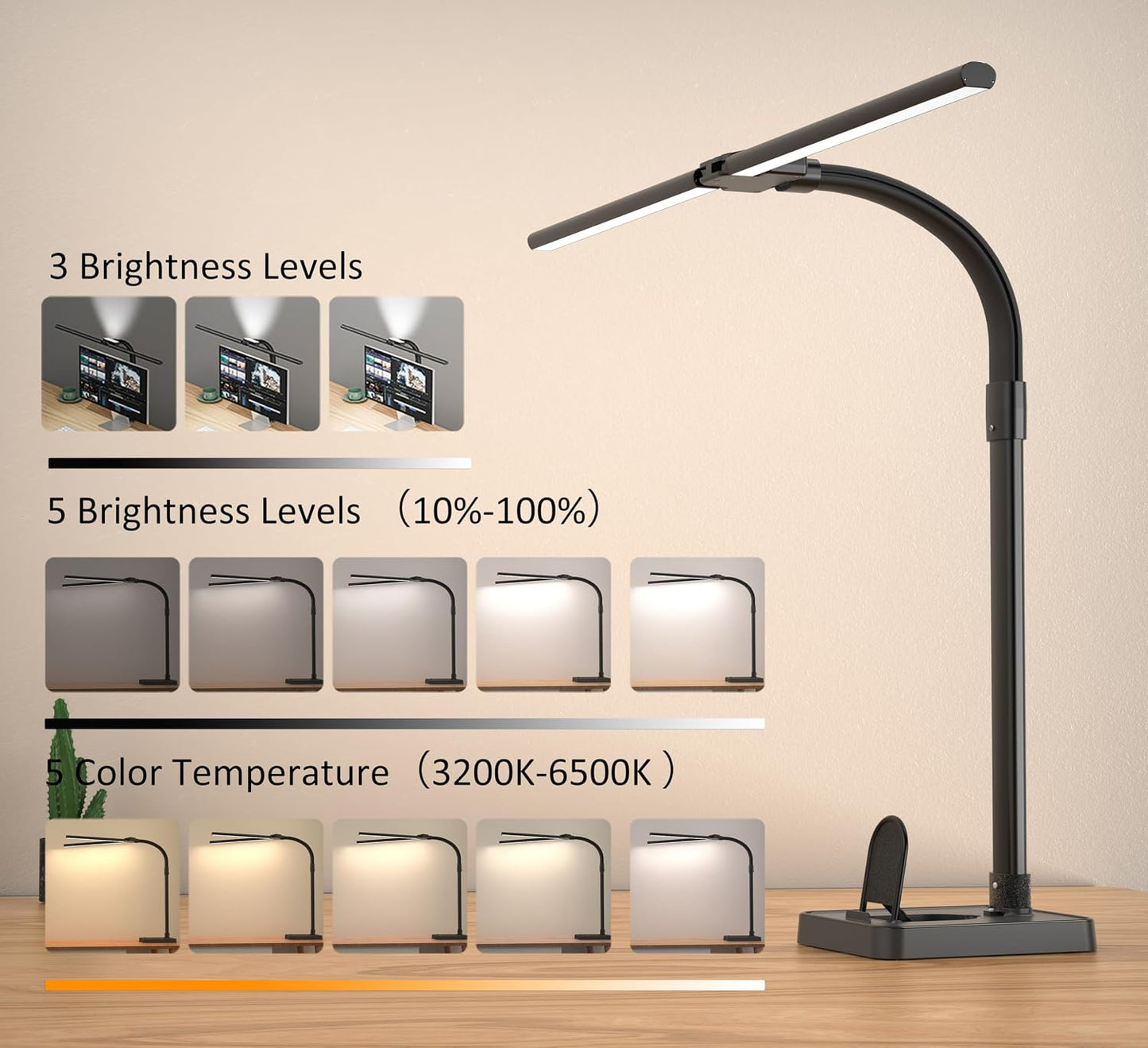 Lámpara escritorio doble cabeza LED 24W 5 modos color