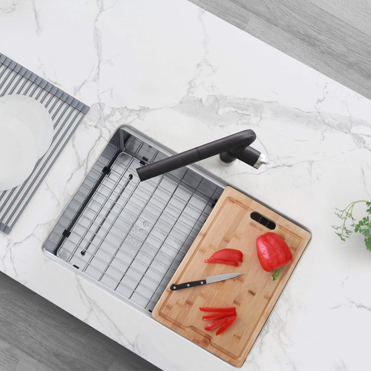 Fregadero cocina acero inox 27x19pulg con rejilla y tabla