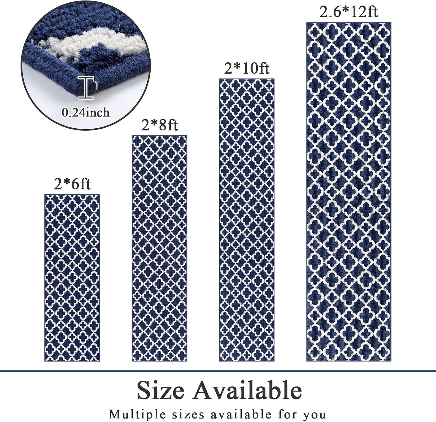 Alfombra Pasillo 2x6ft Antiderrap Geométrico Azul Lavable