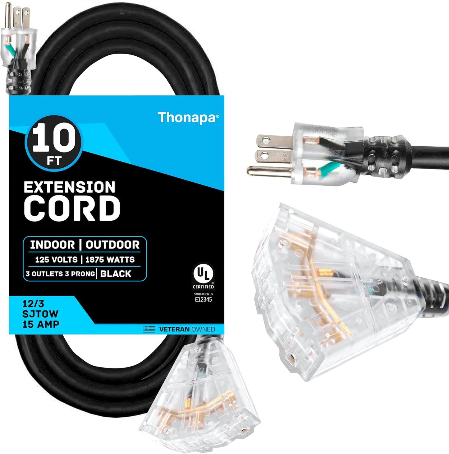 Cable extensión 10ft 3 tomas resistente al aceite 12/3 negro