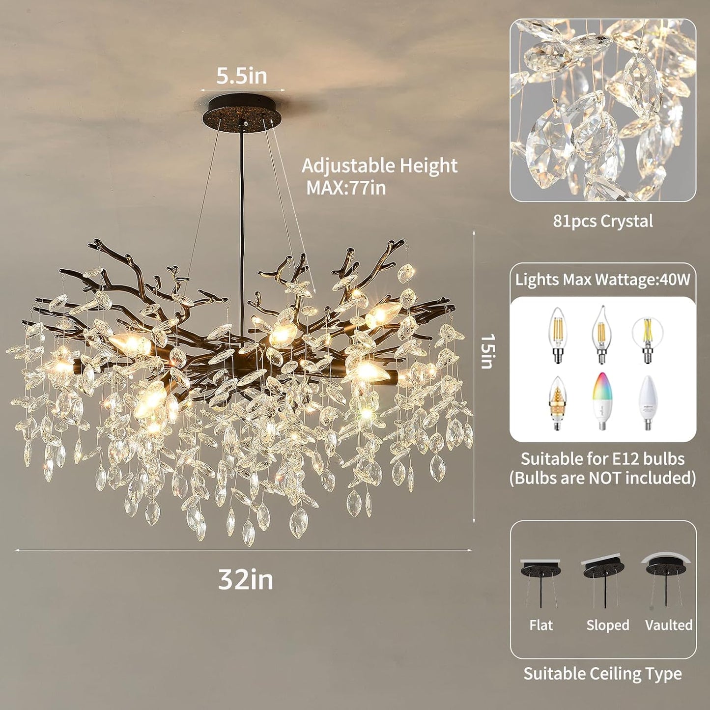 Candelabro cristal rama 32pulg 10 luces E12 sala comedor