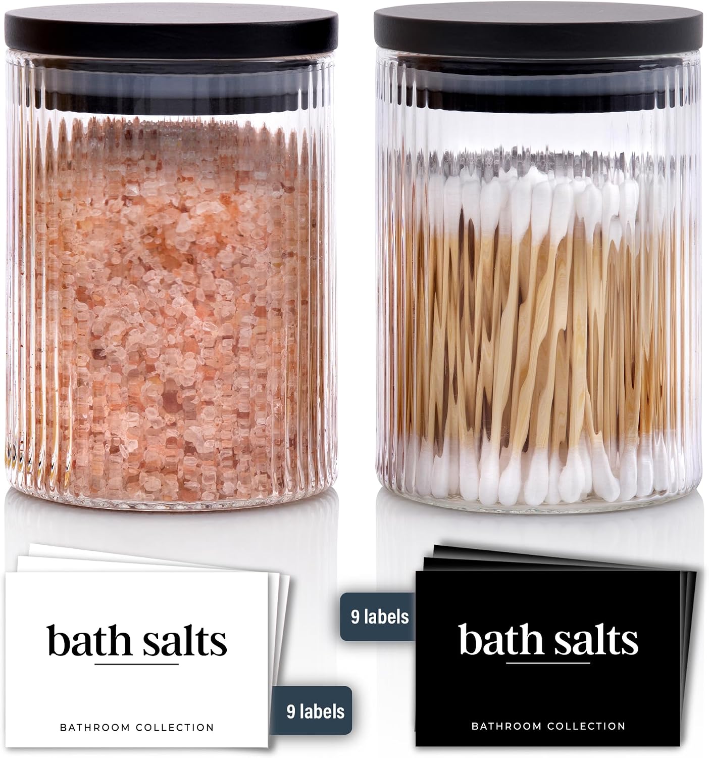 Tarros baño vidrio acanalado tapas bambú negro 10oz set 2
