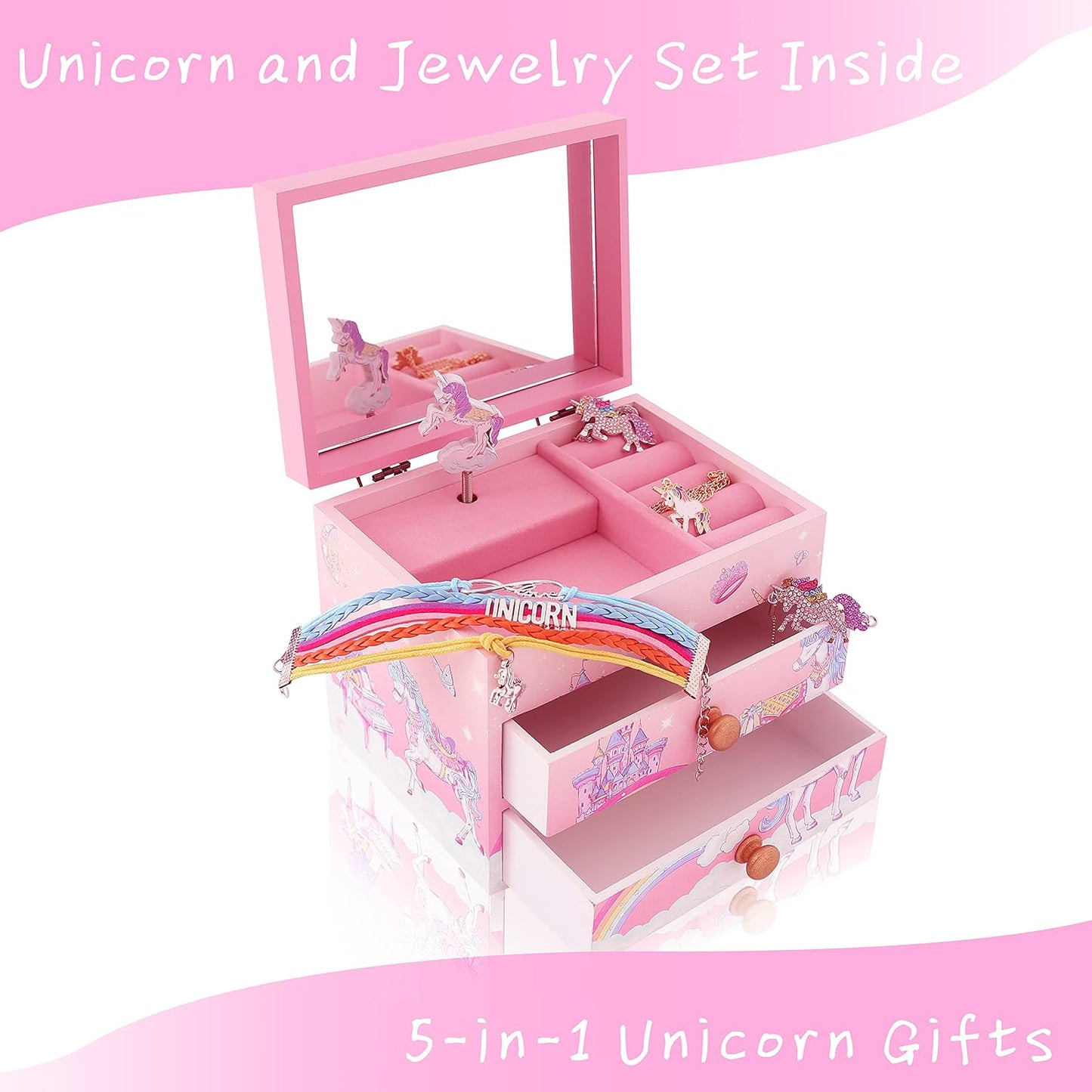 Joyero musical madera unicornio rosa para niña