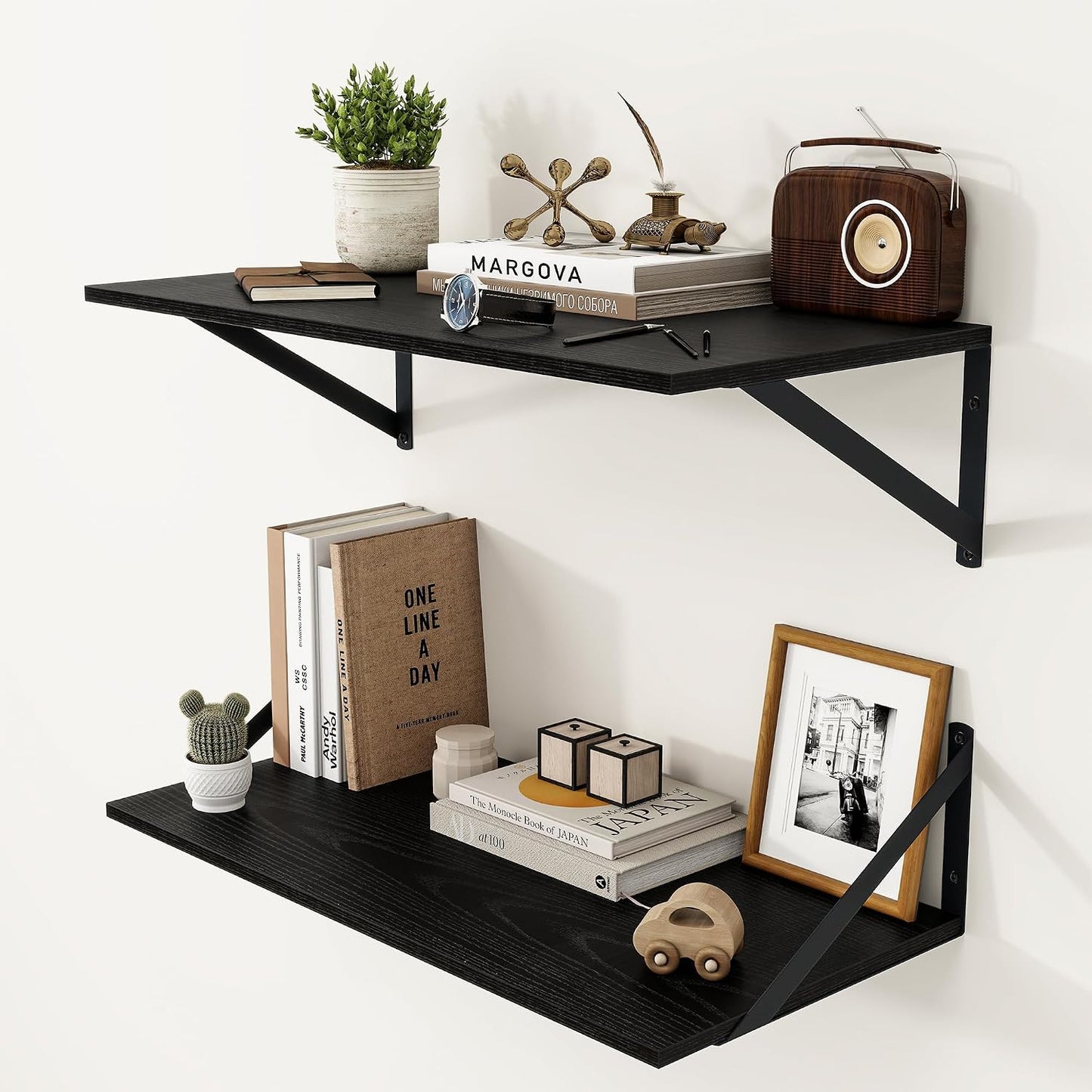 Estantes flotantes negros set 2 madera 24x12" sala cocina