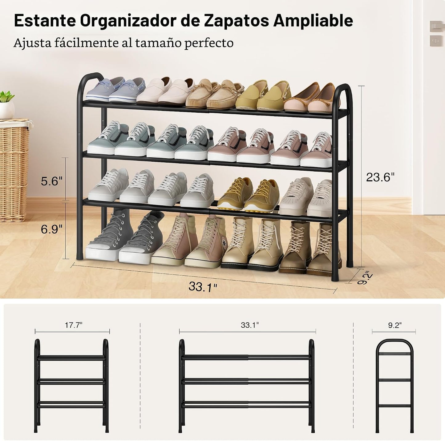 Zapatero metal 3 niveles ajustable color negro entrada