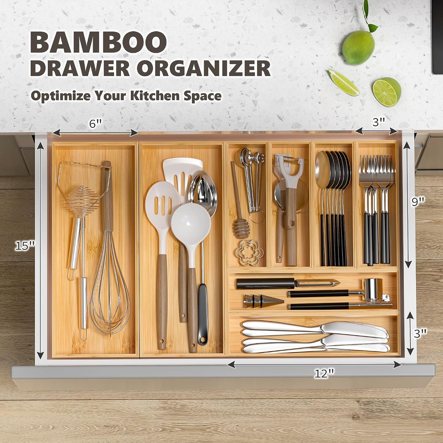Organiz. cajones bambú apilable para cubiertos utensilios