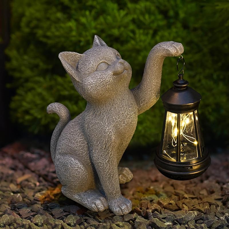 Estatua gato resina linterna LED para jardín y regalo mujer