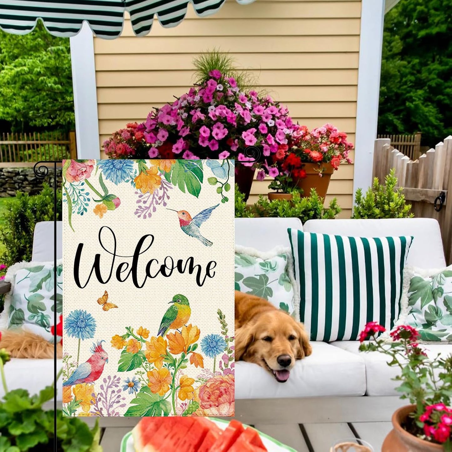 Bandera jardín loro colibrí 12x18pulg doble cara floral vintage
