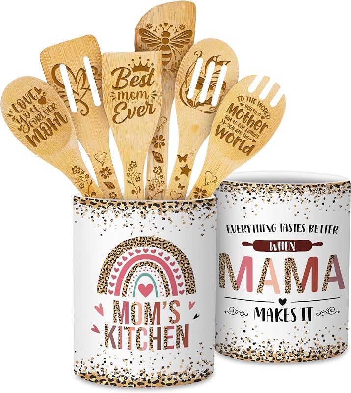 Juego utensilios cocina mamá soporte 6 cucharas madera